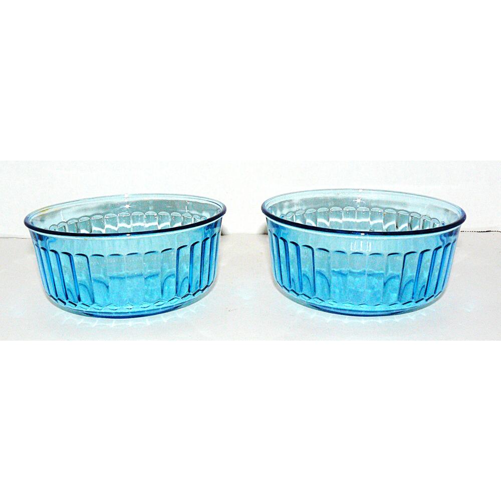 Vintage MCM Set Of 2 Cobalt Blue Glass Ribbed Round Ramekins Style Serving Bowls